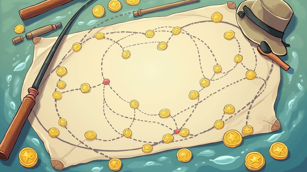 Tabuleiro de estratégia com varas de pescar e moedas.