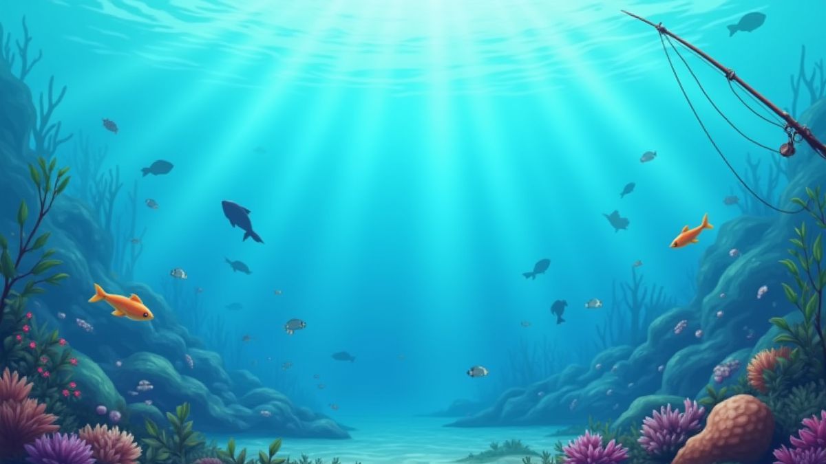 Escena submarina con peces y equipo de pesca en estilo animado.