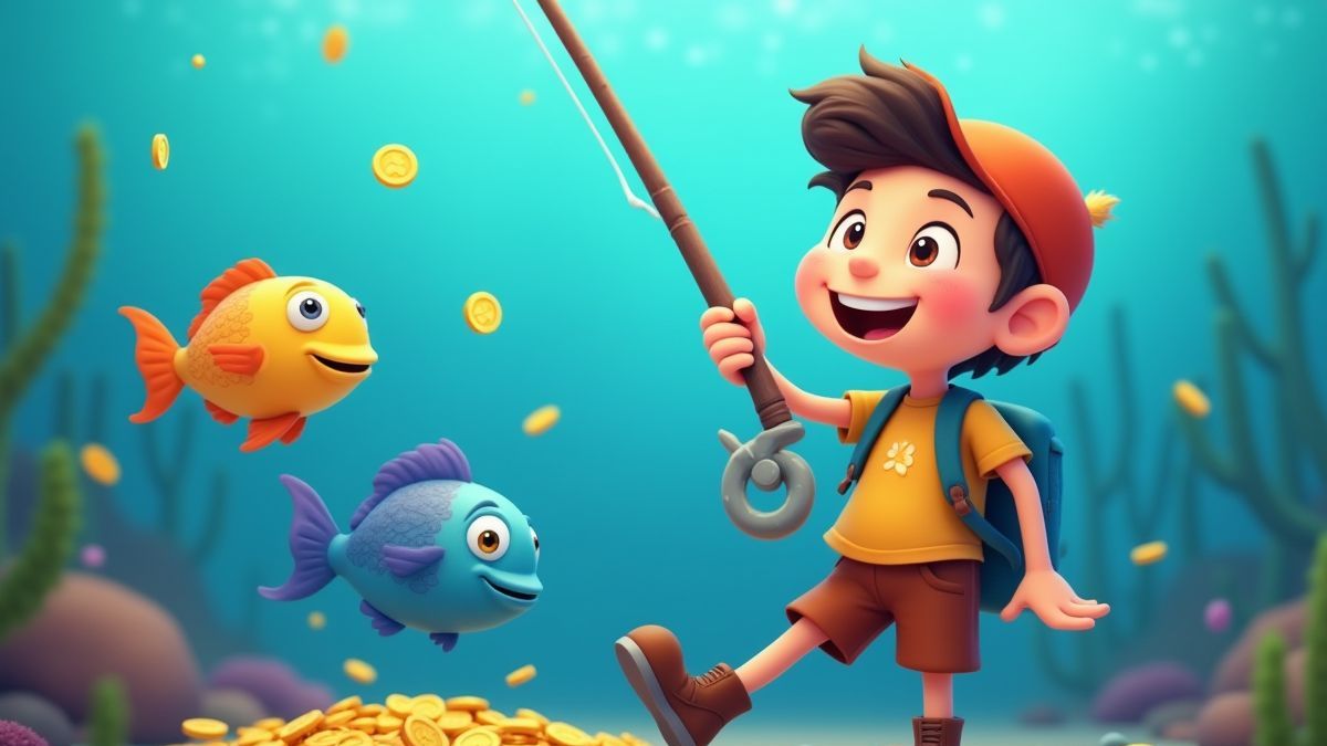 Un pescador animado recolectando peces con monedas doradas.