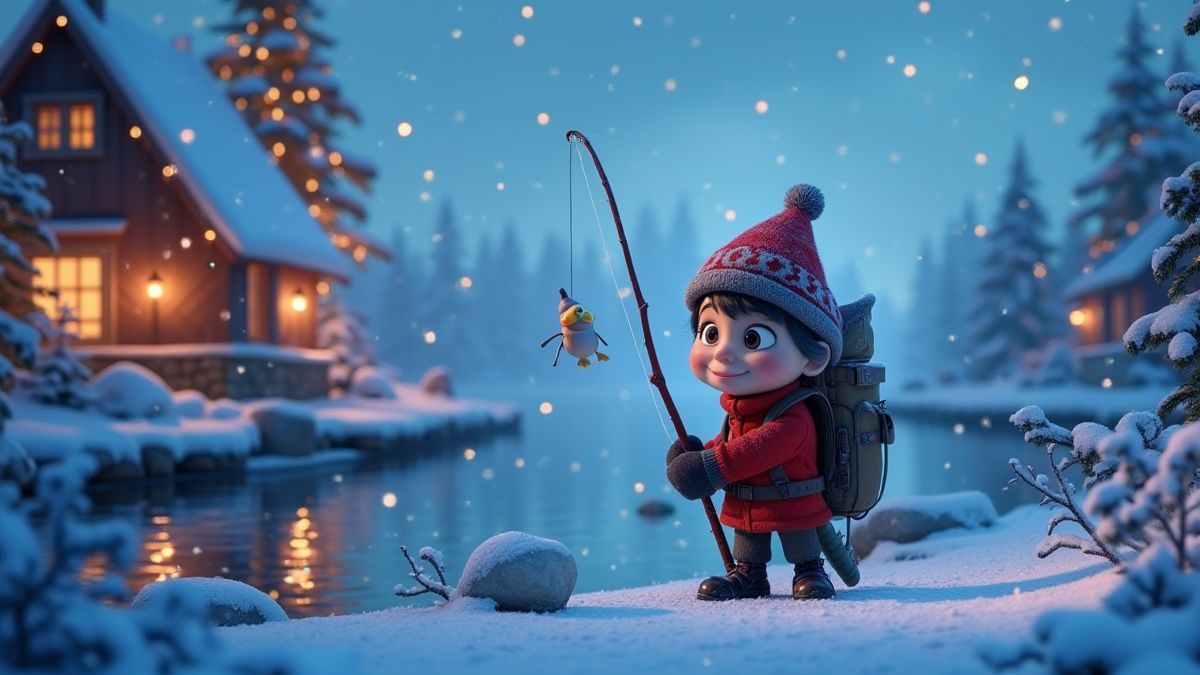 Escena de pesca festiva con nieve y decoraciones navideñas en estilo animado.