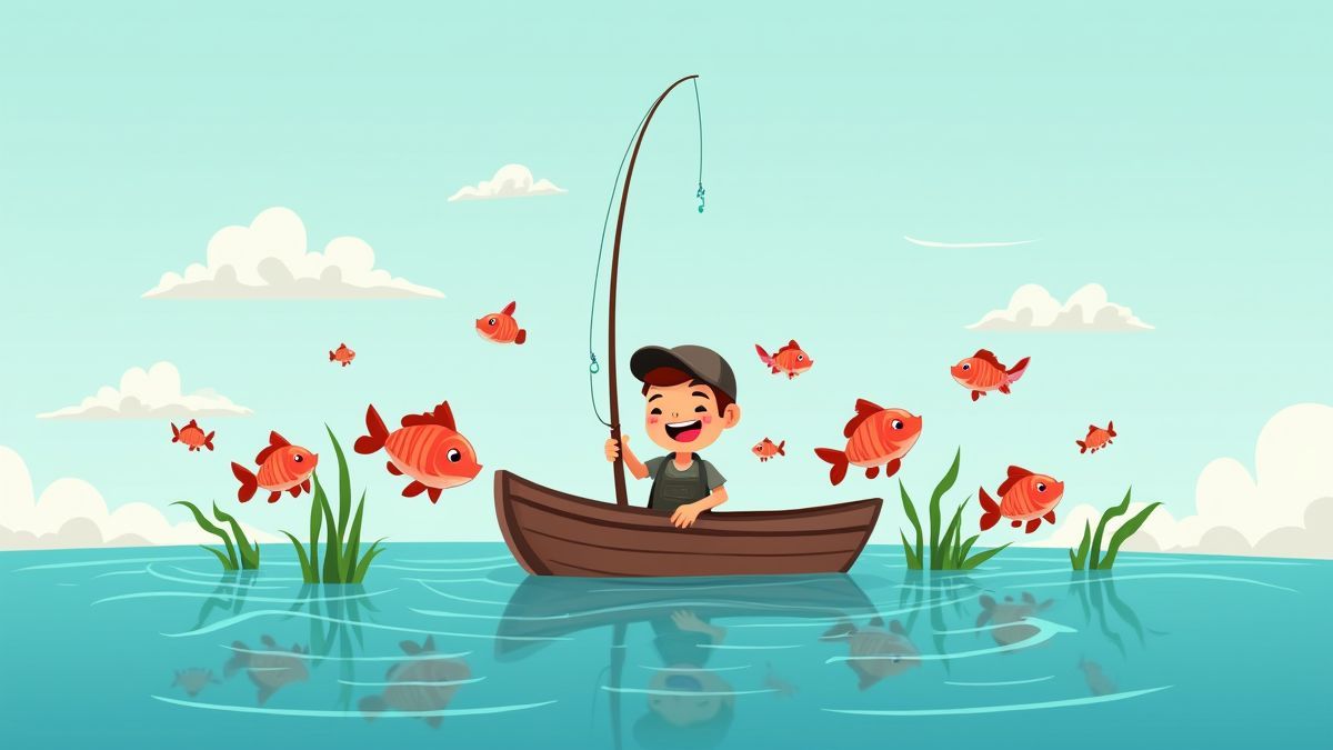 Fisherman in his boat surrounded by animated fish jumping.