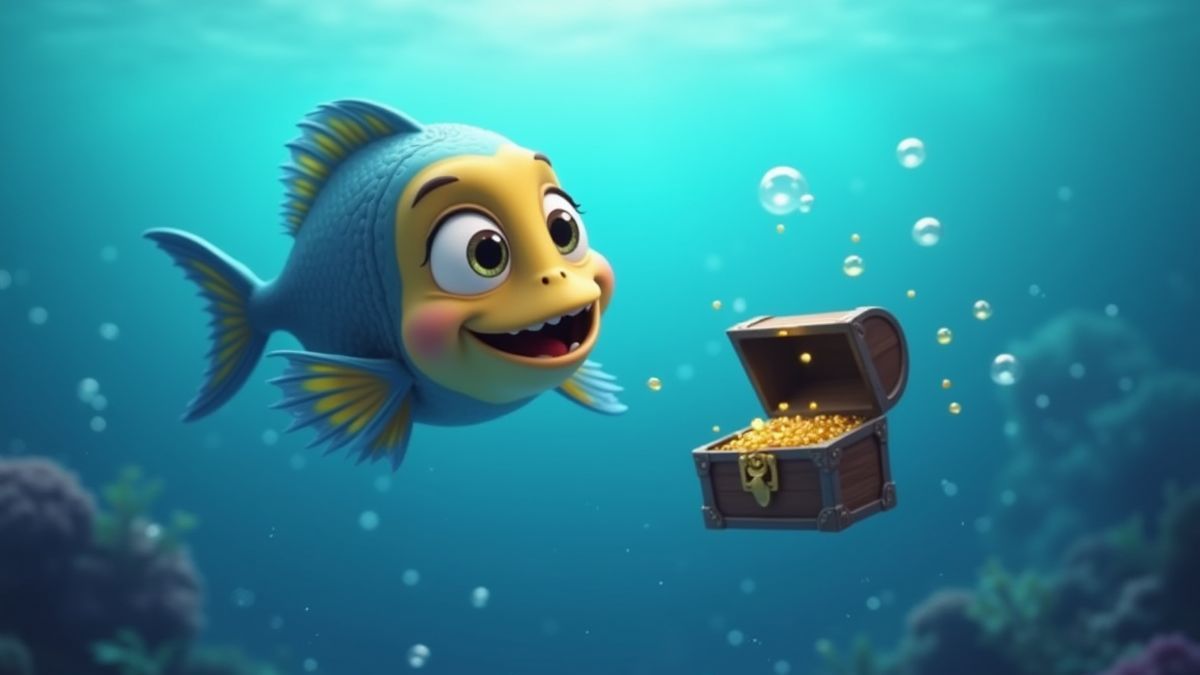 Animated fish with a treasure chest surrounded by bubbles.