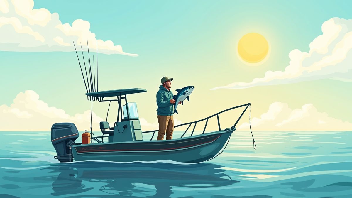 Ein Angler hält einen großen Fisch in seinem Boot.