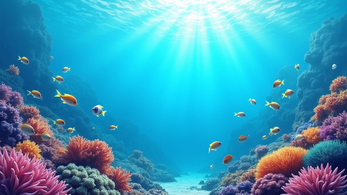 Korallenriffe und Fische schwimmen am Meeresboden.