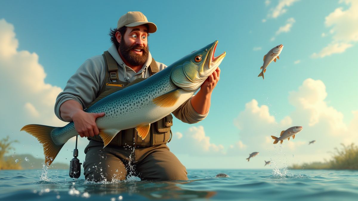 Pescador con un gran trofeo y peces saltando.