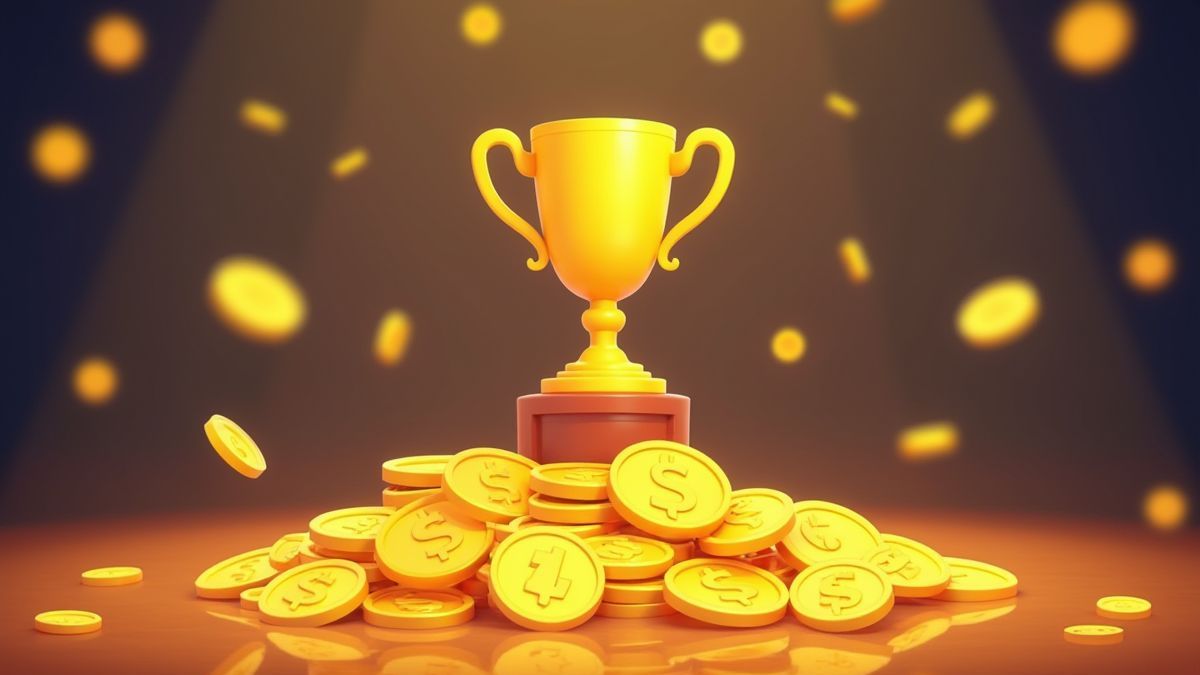 Monedas y trofeos cayendo en cascada.