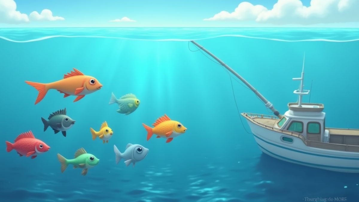 Animated fishing scene with colorful fish near a boat on the ocean.