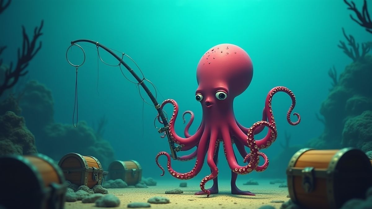 Animated octopus holding fishing gear underwater with treasure chests.