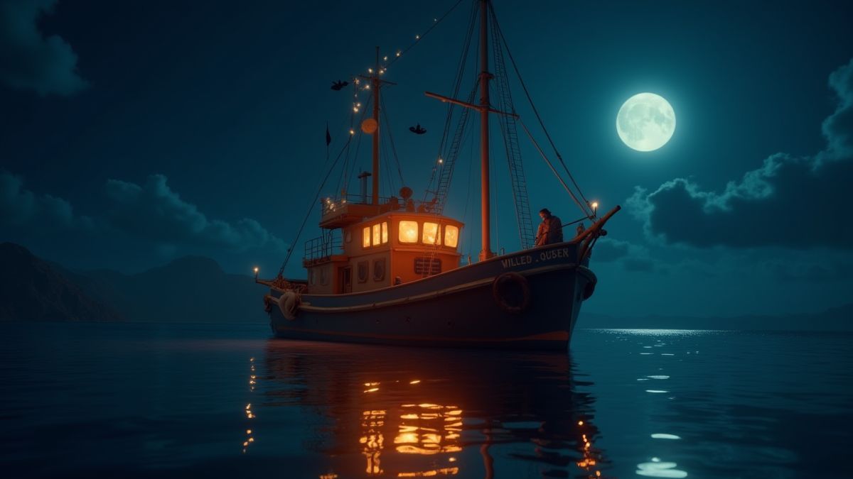 Um barco de pesca temático de Halloween brilhando na escuridão.