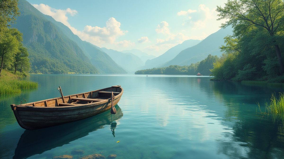 Vissersboot op een rustig meer omringd door natuur.