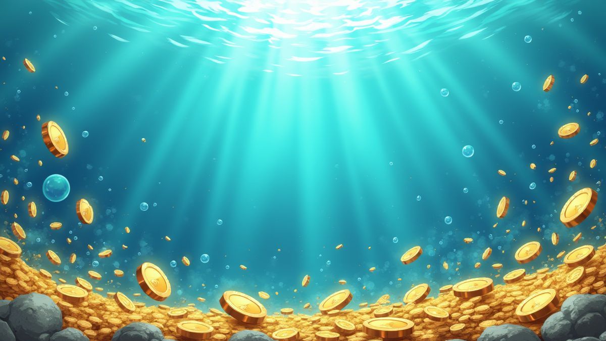 Muntstukken en diamanten die onder water vallen met luchtbellen.