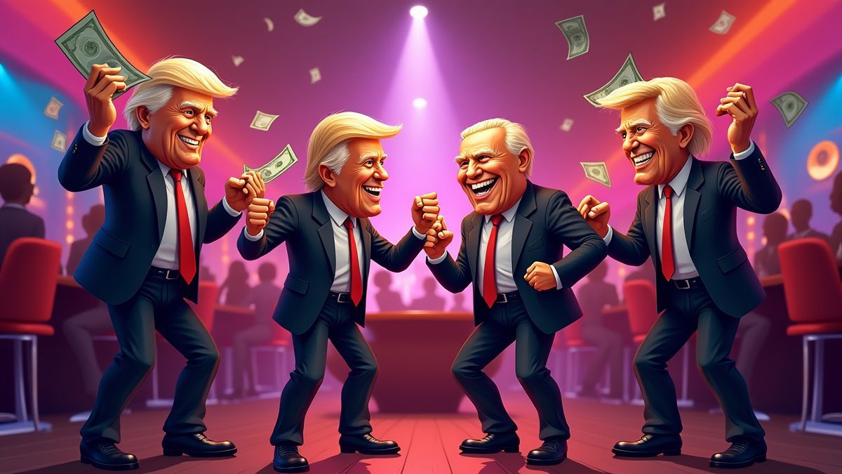 Bilhetes animados e presidentes dançando em uma discoteca moderna.