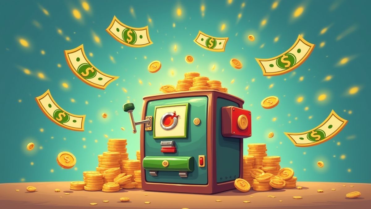 Máquina de dinheiro animada rodeada de notas de dólar.