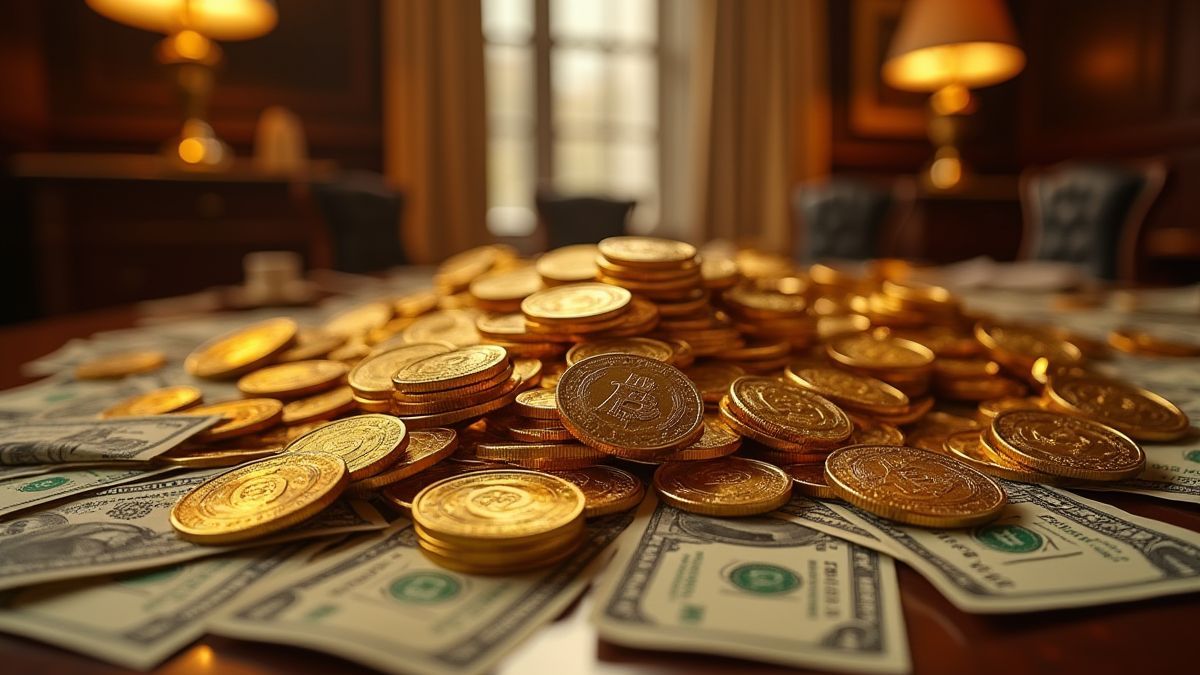 Escritório de Wall Street com moedas e notas douradas.
