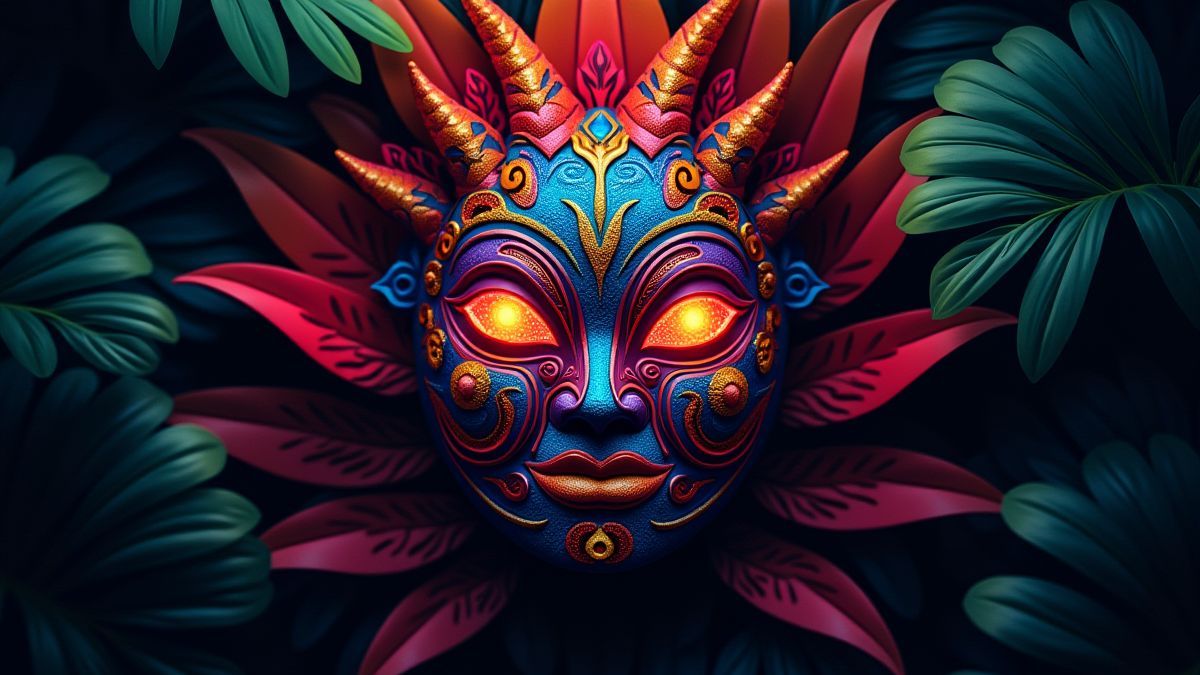 Tribale masker omringd door gloeiende jungle flora.