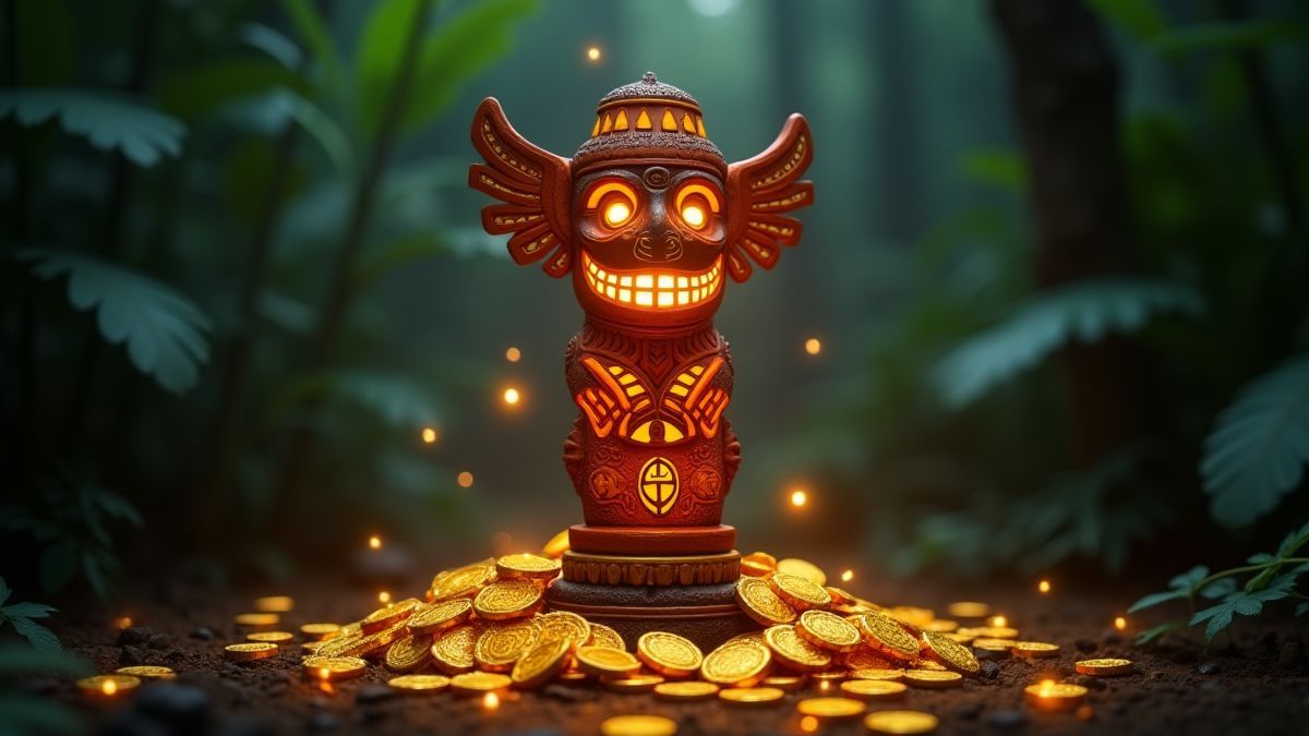 Stralende tribale totem omringd door gouden munten in de jungle.