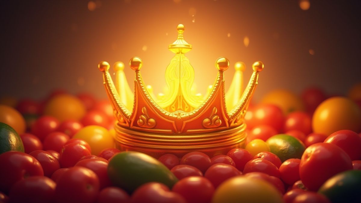 Golden crown surrounded by colorful fruits