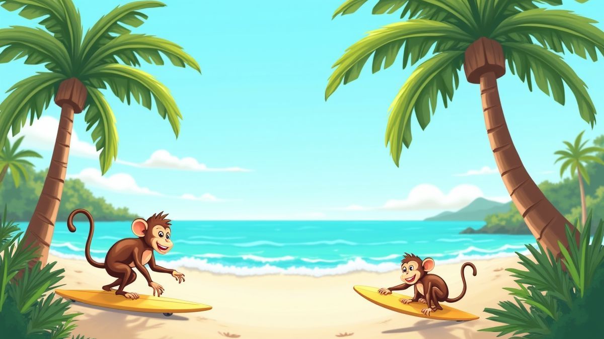 Monkeys playing on a tropical beach.