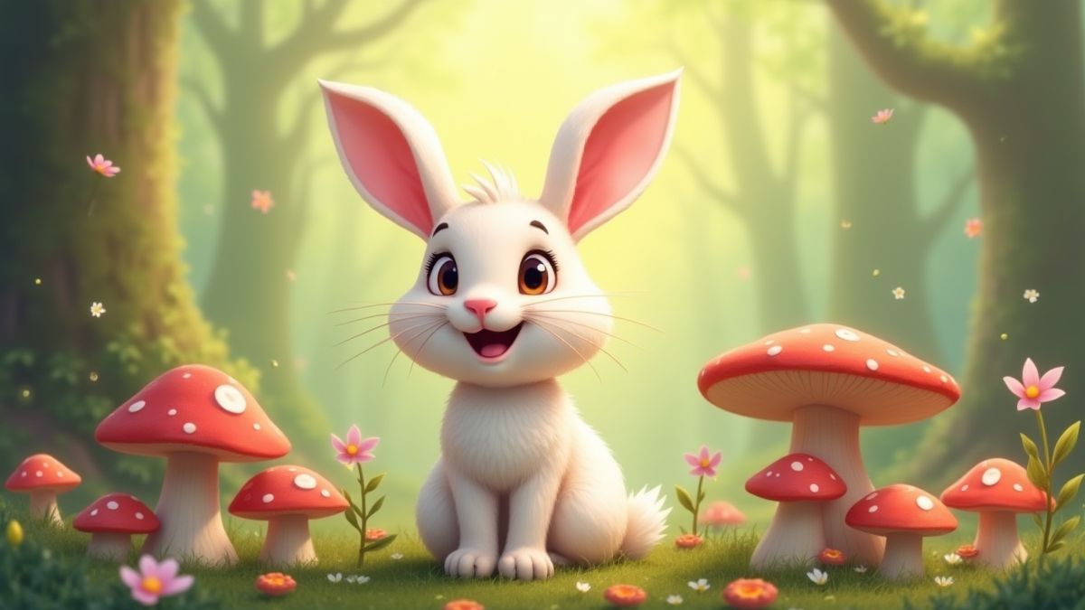 Ein fröhlicher Hase, umgeben von Wald-Elementen wie Pilzen und Blumen.