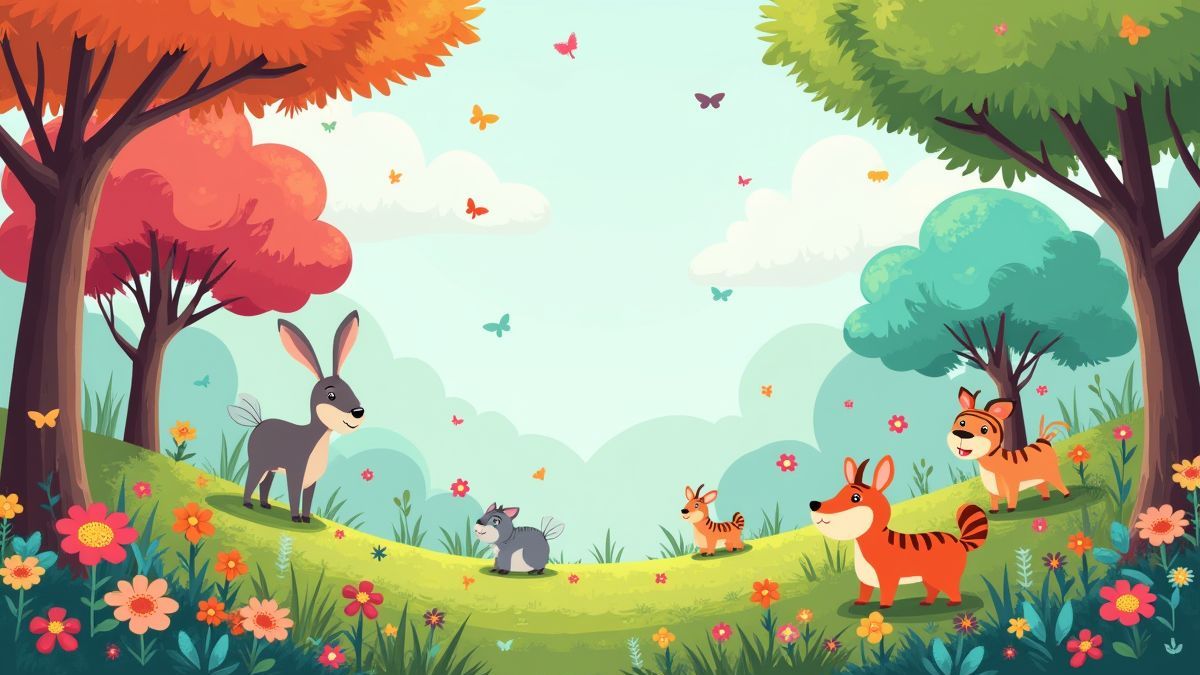 Szene eines magischen Waldes mit bunten Bäumen, Blumen und verspielten Tieren.