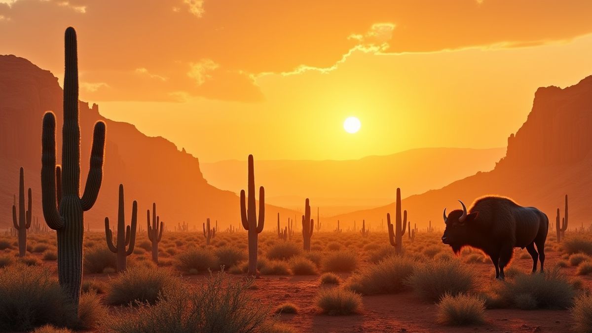 Paisagem desértica com cactos e um búfalo sob um pôr do sol dourado.