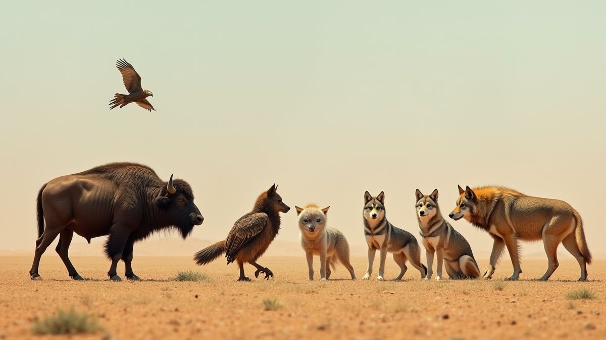 Animais selvagens como búfalos, águias e lobos em um cenário desértico.