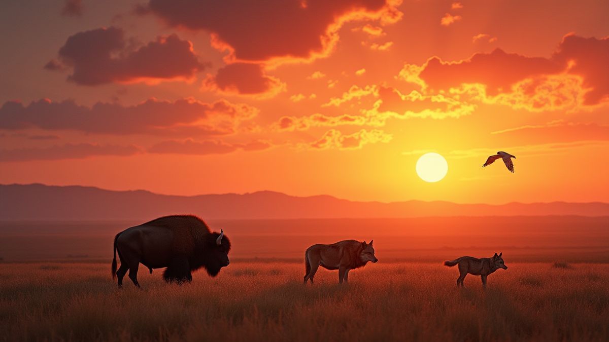 North American prairie with buffalo and other animals at sunset.