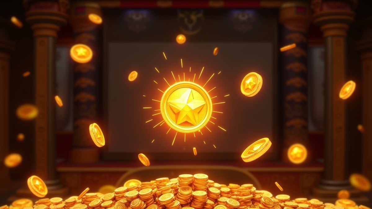 Golden coins and glowing symbols on a slot machine screen.