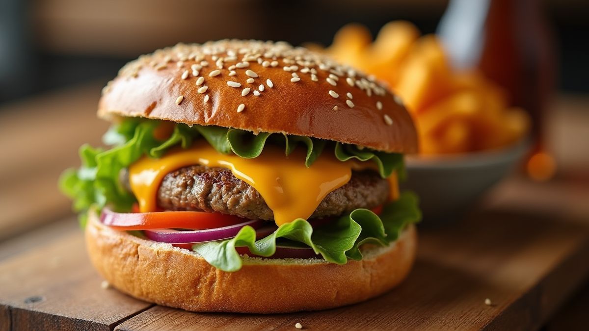 Een gourmet hamburger met gesmolten kaas en verse ingrediënten op een houten tafel.