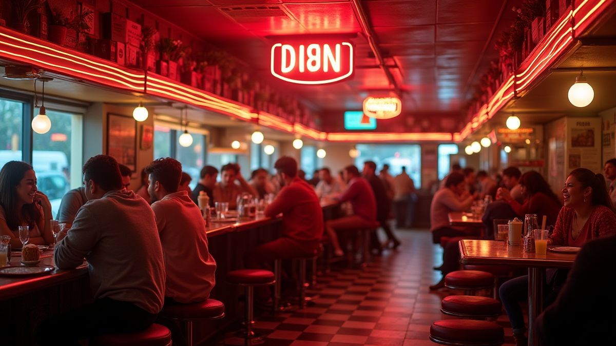 Een diner-stijl restaurant met neonlichten en blije klanten.