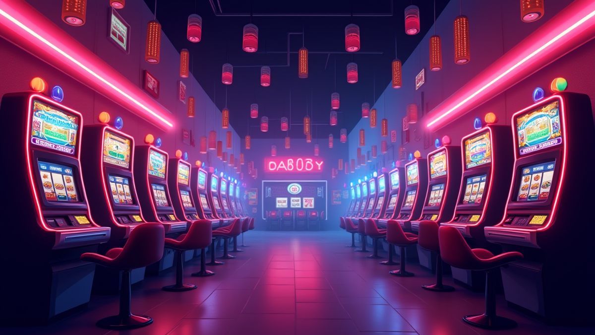 Fond de casino rétro avec lumières de néon et machines à sous