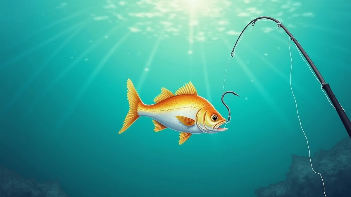 Anzuelo pescando un pez dorado bajo el agua.