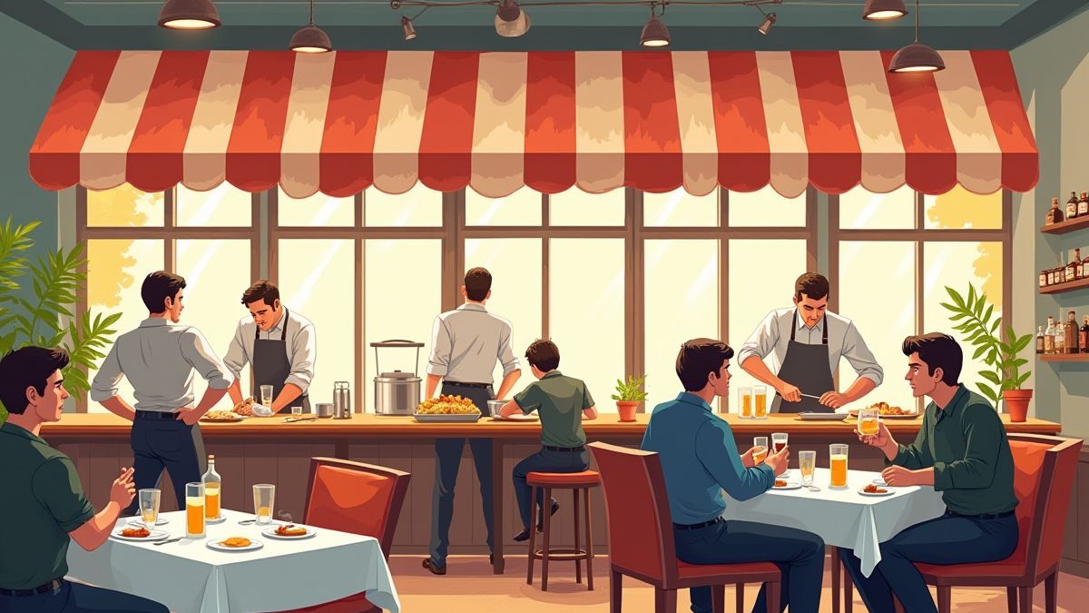 Scene of a French restaurant with chefs cooking and customers enjoying their dishes.