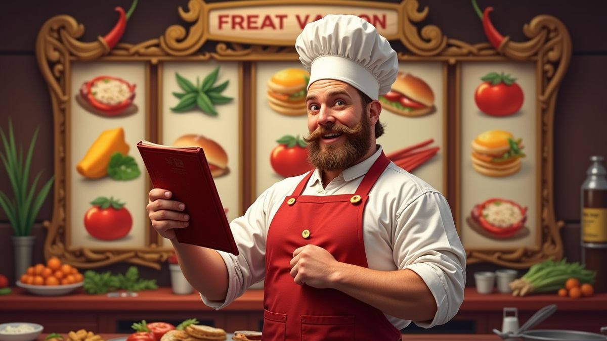 Slot machine with a chef holding a menu and food symbols.