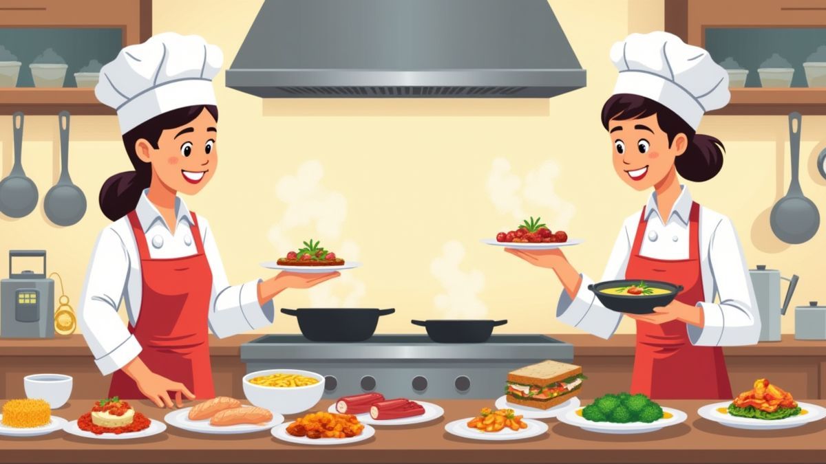 Cartoon-style kitchen with chefs preparing colorful dishes.