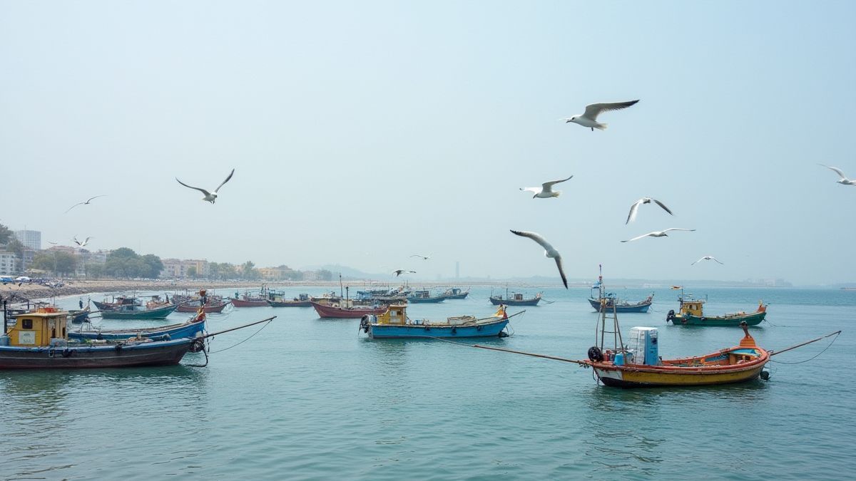 Baía pitoresca com barcos de pesca e gaivotas.