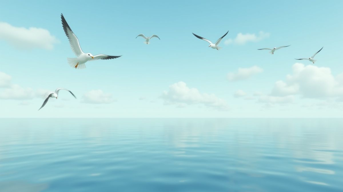 Gaivotas voando sobre um mar tranquilo.