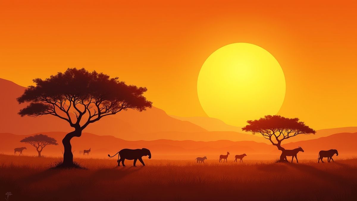Un paisaje africano con árboles de acacia bajo un atardecer dorado.
