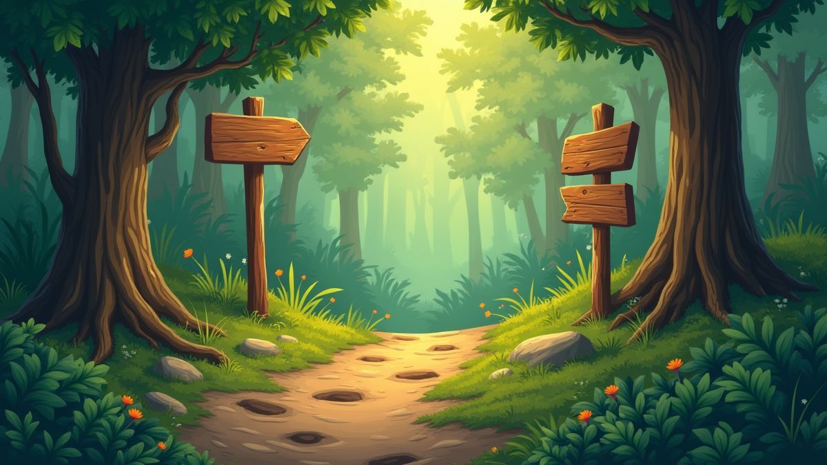 Wooded area with footprints and wooden signs.