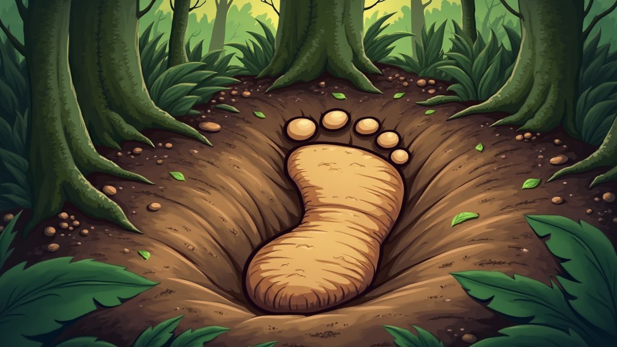 Giant footprint in the forest soil.
