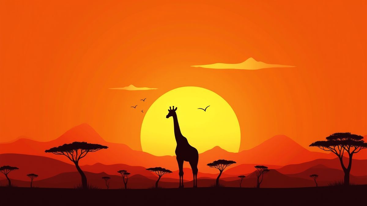 Afro-Amerikaanse zonsondergang met silhouet van een giraffe en acaciabomen op de achtergrond.