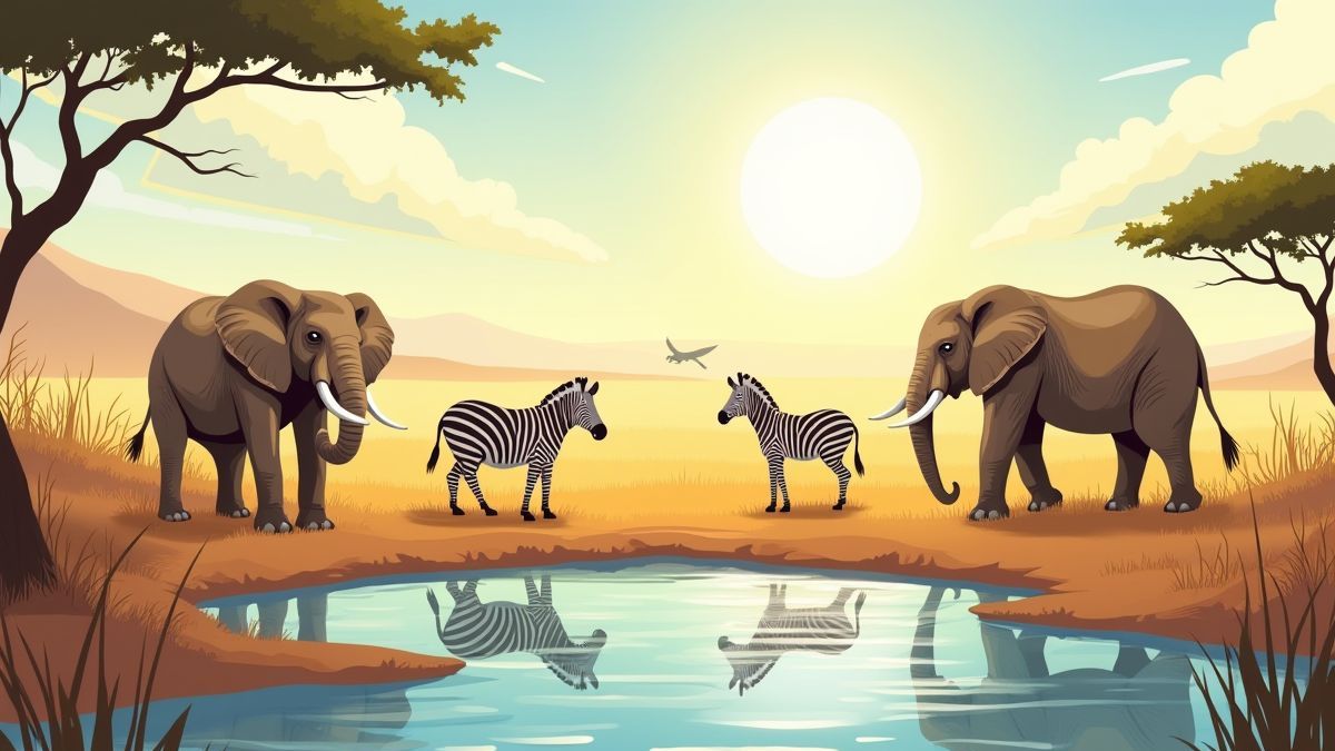 Afrikaanse dieren bij een drinkplaats onder een heldere lucht.