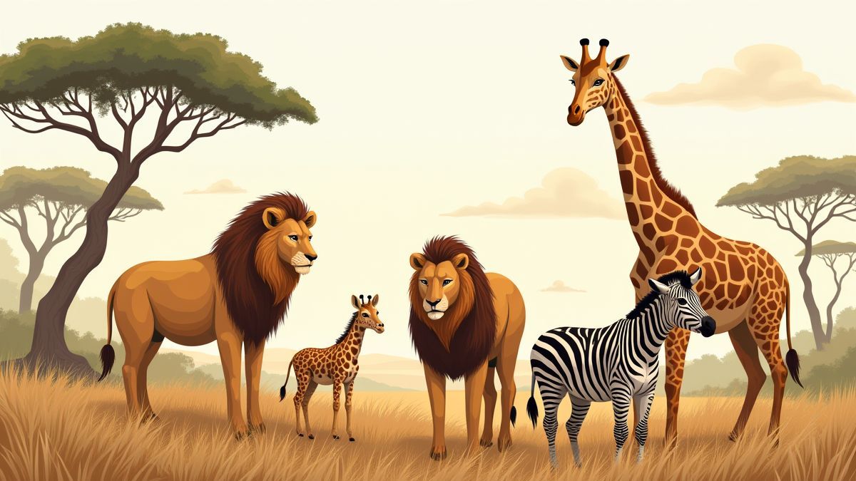 Illustration von afrikanischer Fauna in ihrem natürlichen Lebensraum.