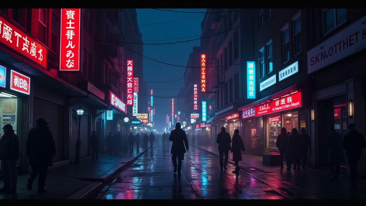 Calle de ciudad iluminada por neón con sombras de ladrones en acción.