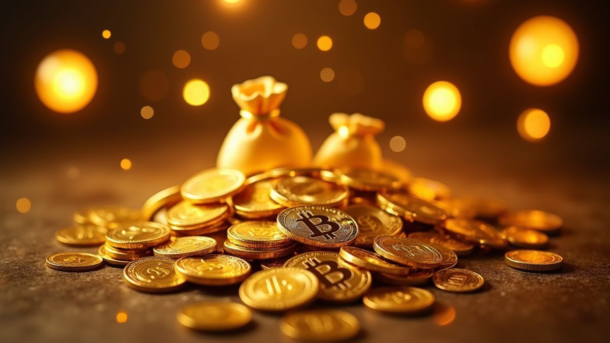 Montón de monedas de oro y bolsas de dinero rodeadas de símbolos brillantes.