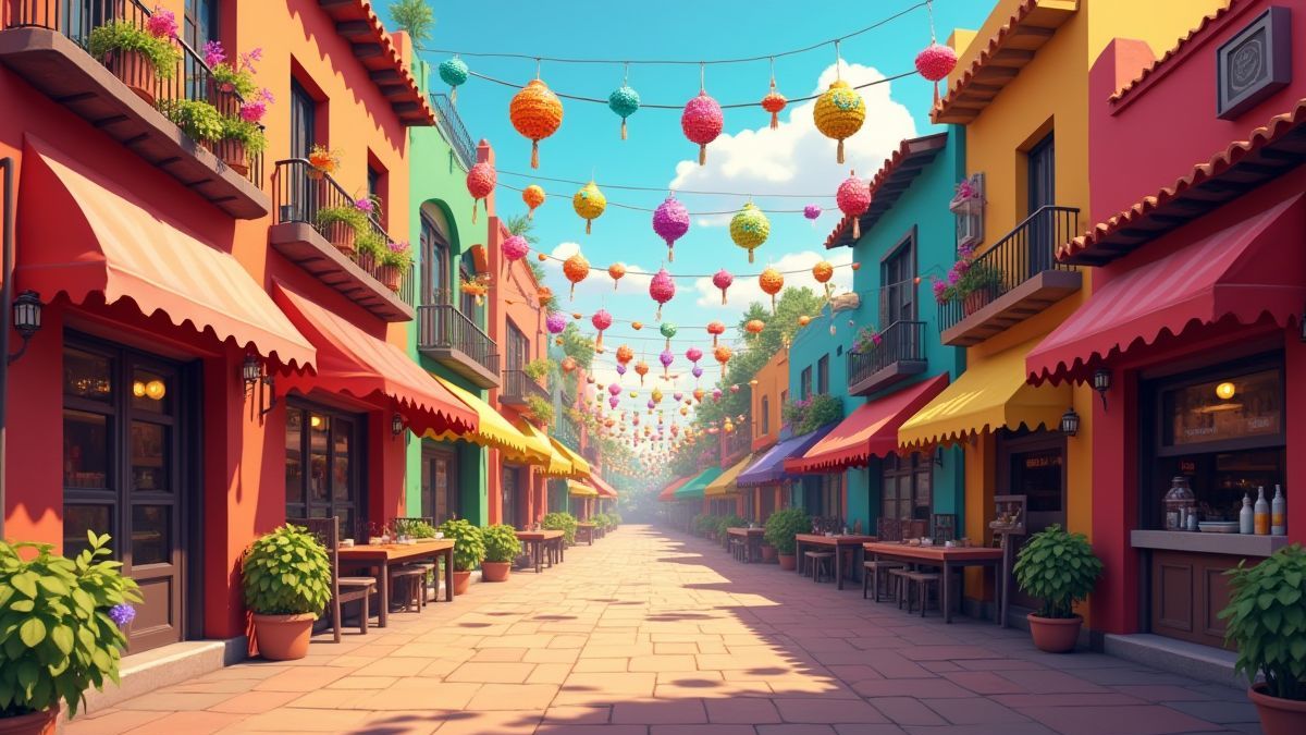 Piñatas et postes de nourriture dans une rue mexicaine animée.