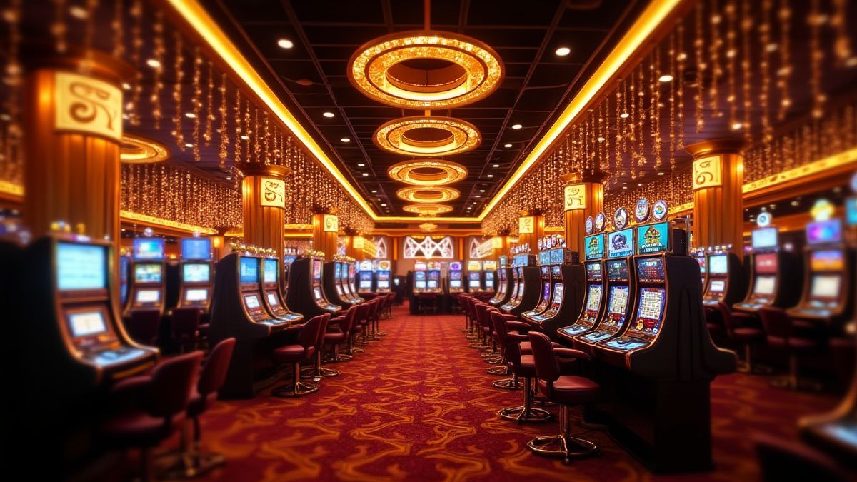 Luxurious casino with bright lights and golden decoration.
