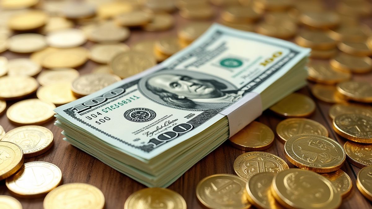 Stacks of bills surrounded by golden coins.