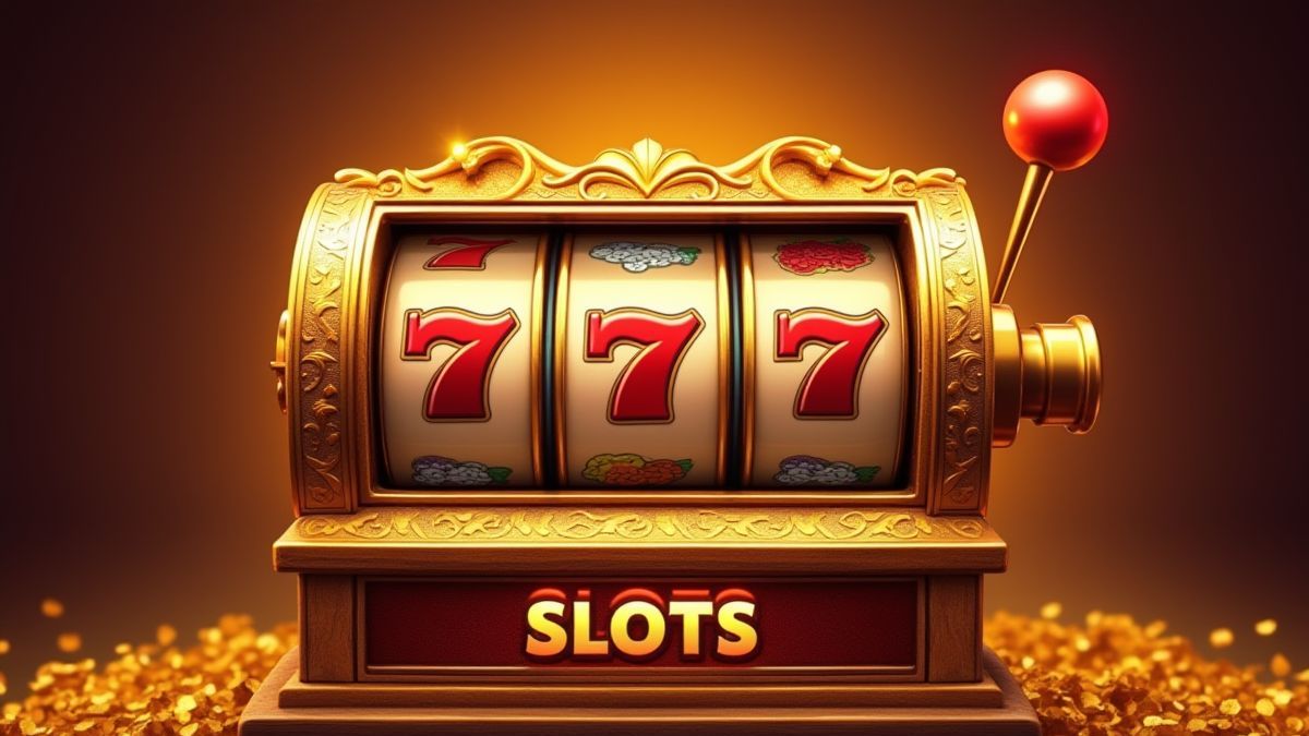 Retro slot machine with a shiny gold design.