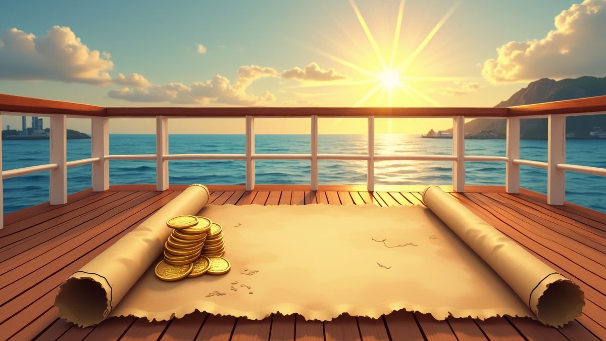 Treasure map and gold coins on a cruise ship deck in the sun.